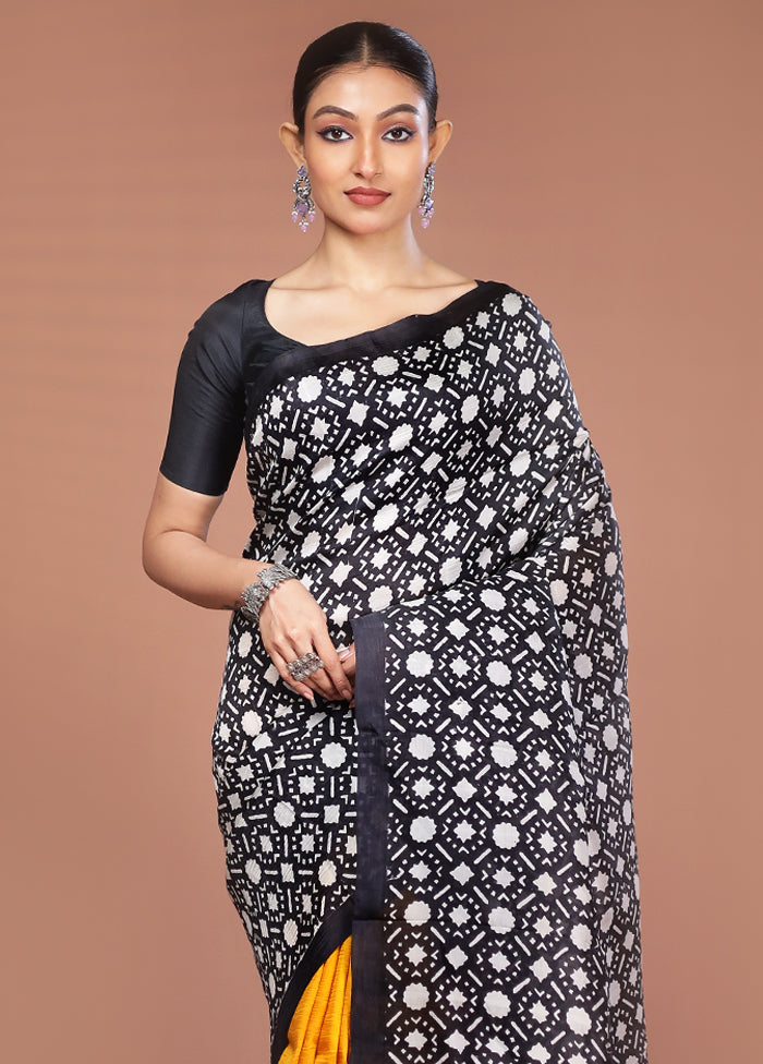 Black Printed Pure Silk Saree Without Blouse Piece