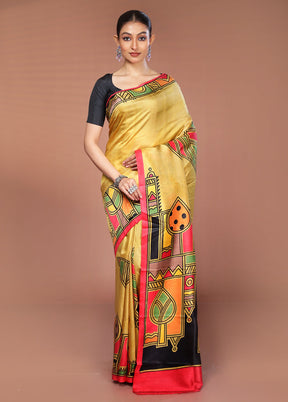 Cream Printed Pure Silk Saree Without Blouse Piece