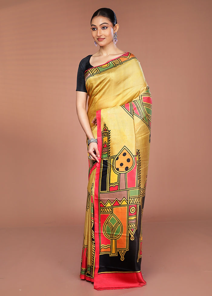Cream Printed Pure Silk Saree Without Blouse Piece