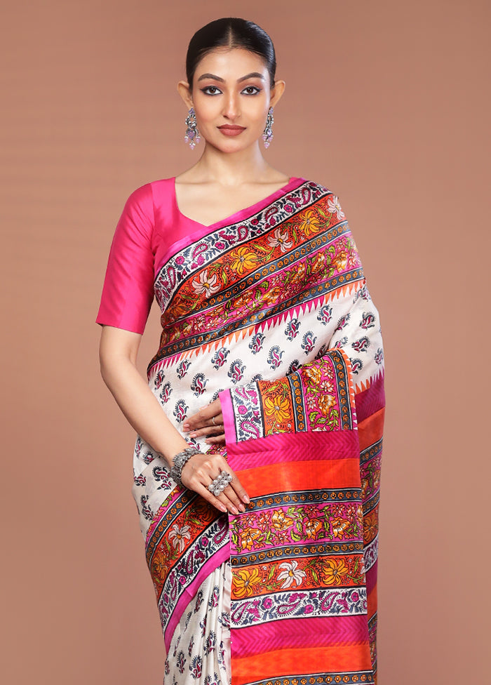 White Printed Pure Silk Saree Without Blouse Piece