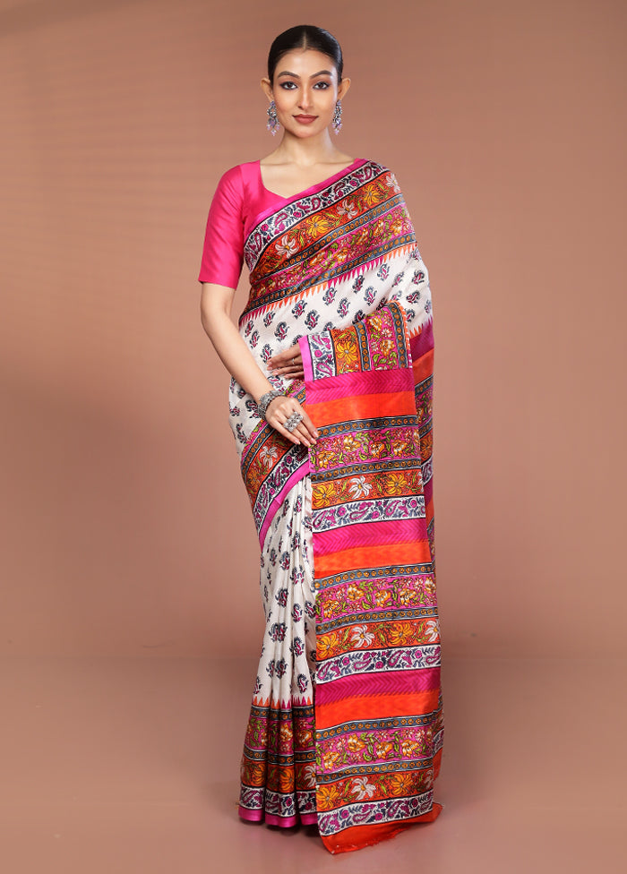 White Printed Pure Silk Saree Without Blouse Piece