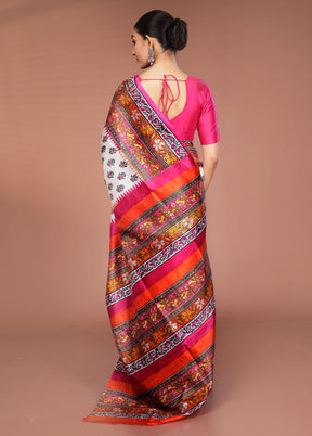 White Printed Pure Silk Saree Without Blouse Piece