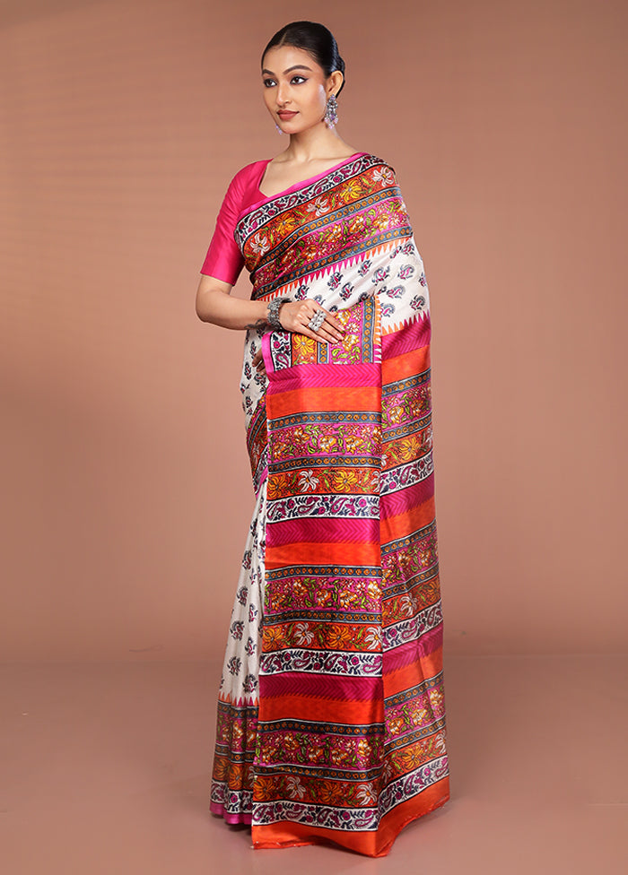 White Printed Pure Silk Saree Without Blouse Piece