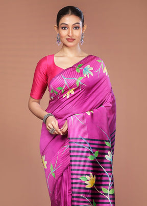 Pink Handloom Printed Pure Silk Saree Without Blouse Piece