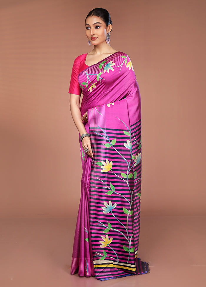 Pink Handloom Printed Pure Silk Saree Without Blouse Piece