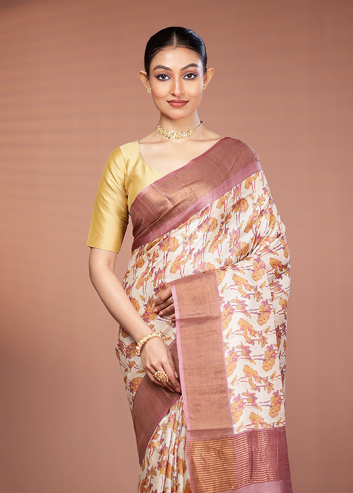 Cream Tussar Silk Saree With Blouse Piece