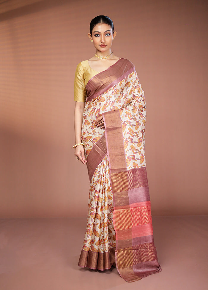 Cream Tussar Silk Saree With Blouse Piece