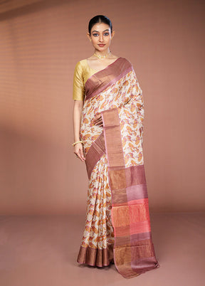 Cream Tussar Silk Saree With Blouse Piece