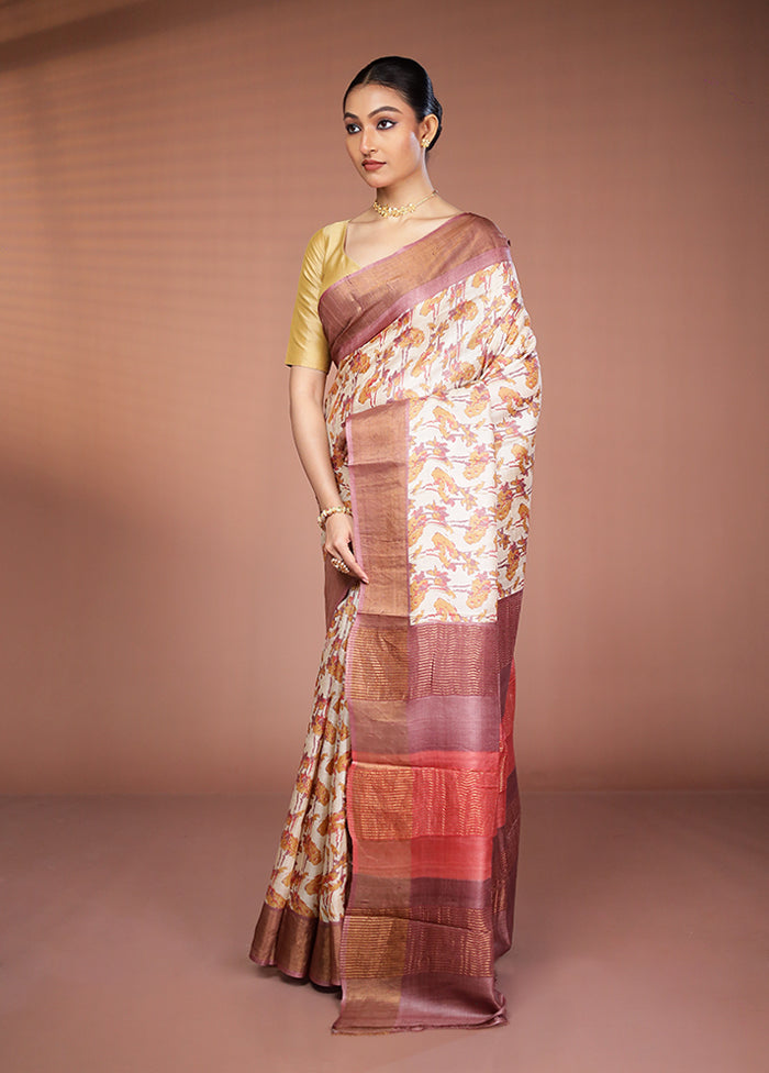 Cream Tussar Silk Saree With Blouse Piece