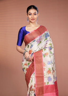 Cream Tussar Silk Saree With Blouse Piece