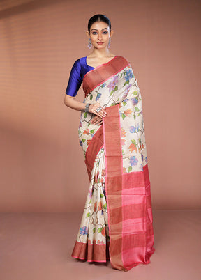 Cream Tussar Silk Saree With Blouse Piece