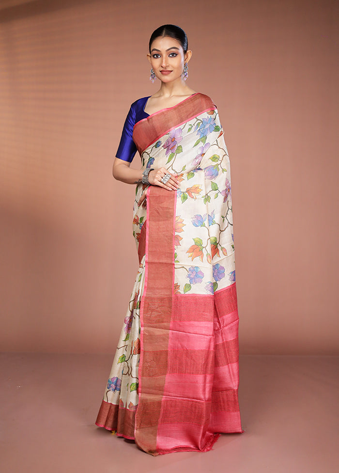 Cream Tussar Silk Saree With Blouse Piece