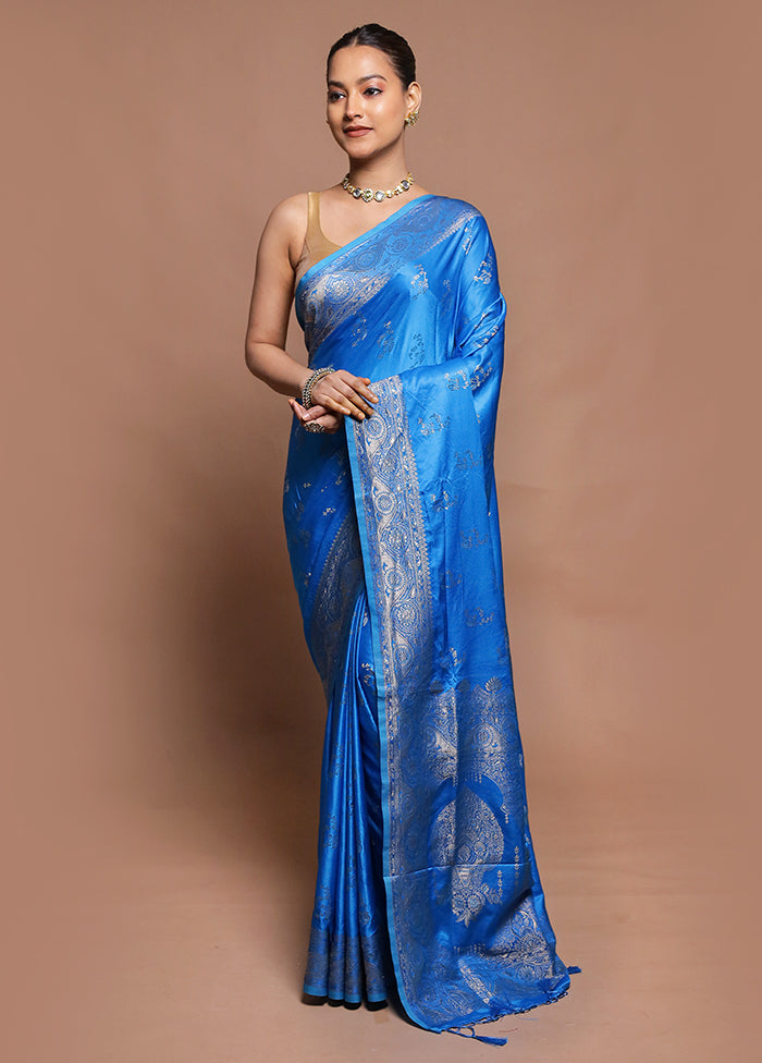 Blue Dupion Silk Saree With Blouse Piece