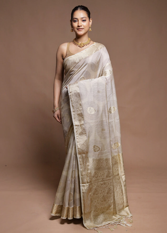 Cream Dupion Silk Saree With Blouse Piece