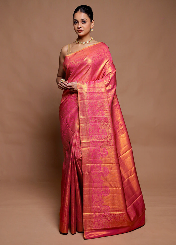 Pink Kanjivaram Silk Saree With Blouse Piece