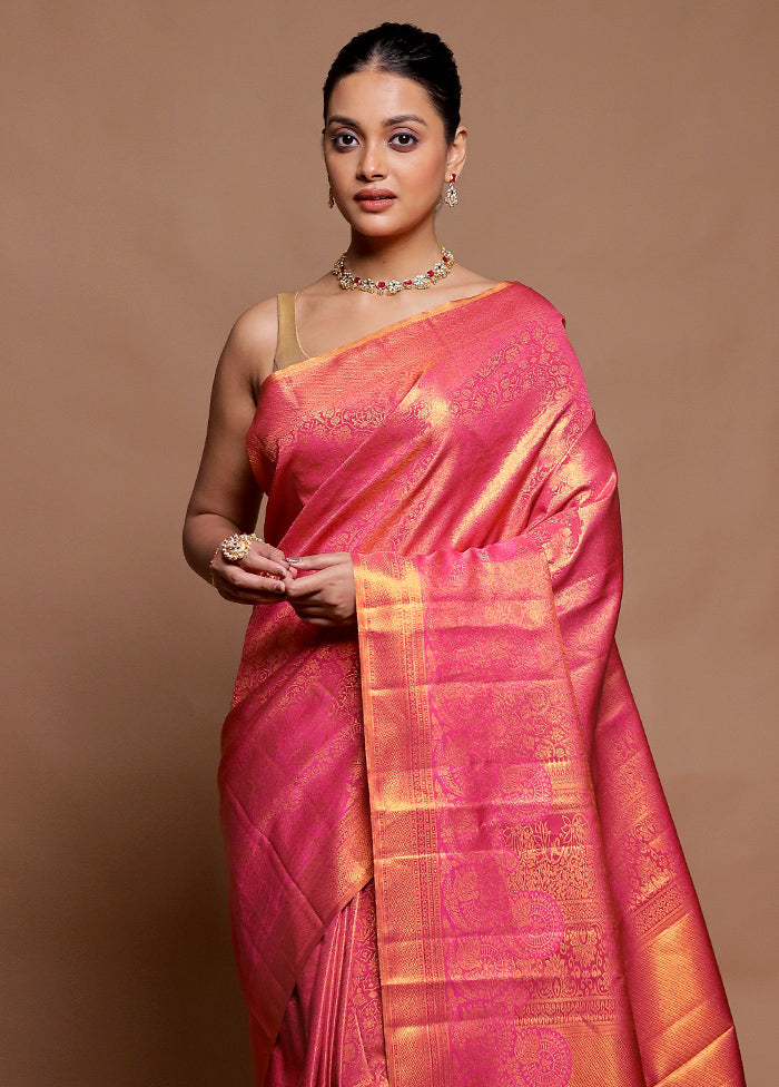 Pink Kanjivaram Silk Saree With Blouse Piece