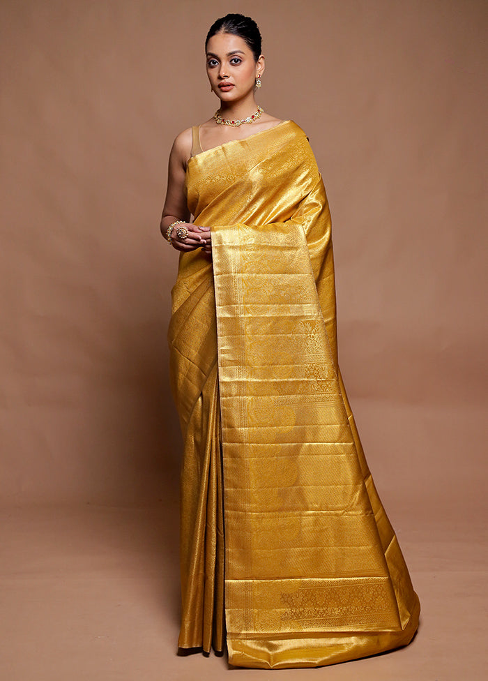 Golden Kanjivaram Silk Saree With Blouse Piece
