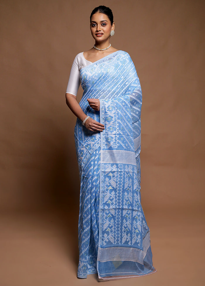 Blue Tant Jamdani Saree Without Blouse Piece