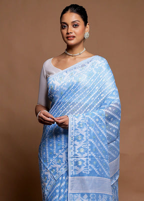 Blue Tant Jamdani Saree Without Blouse Piece