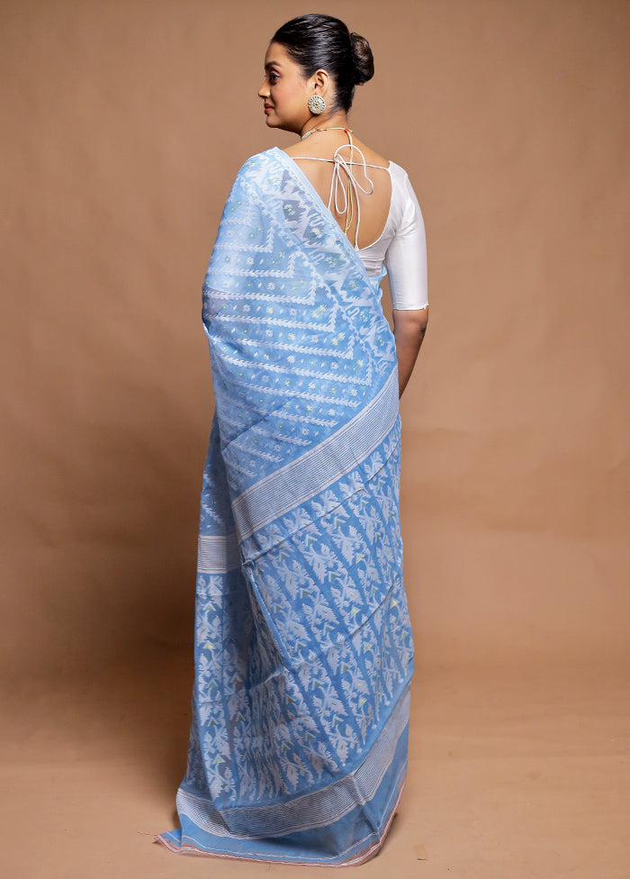 Blue Tant Jamdani Saree Without Blouse Piece