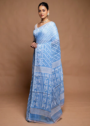 Blue Tant Jamdani Saree Without Blouse Piece