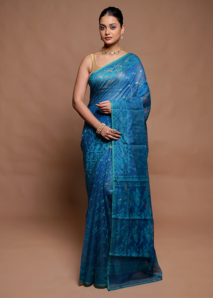 Blue Tant Jamdani Saree Without Blouse Piece