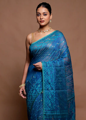 Blue Tant Jamdani Saree Without Blouse Piece