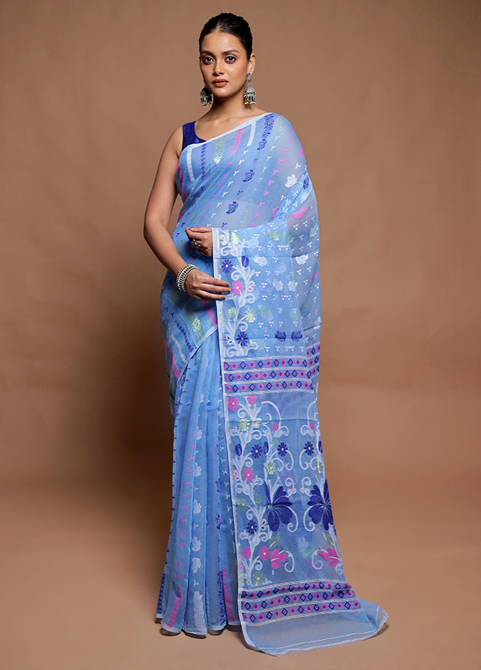 Blue Tant Jamdani Saree Without Blouse Piece