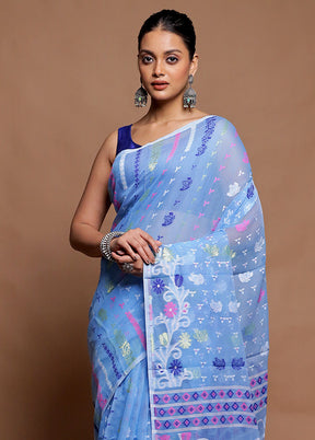 Blue Tant Jamdani Saree Without Blouse Piece