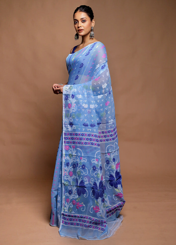 Blue Tant Jamdani Saree Without Blouse Piece