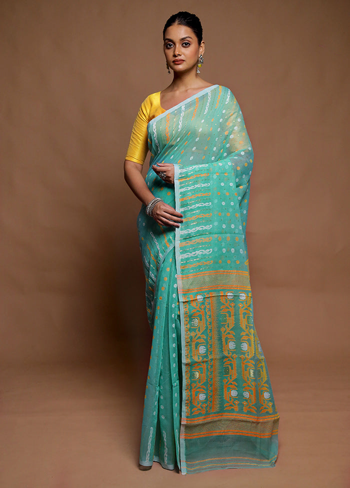 Blue Tant Jamdani Saree Without Blouse Piece