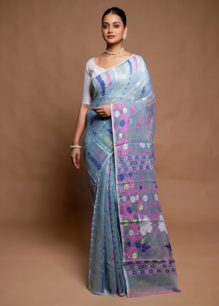 Blue Tant Jamdani Saree Without Blouse Piece