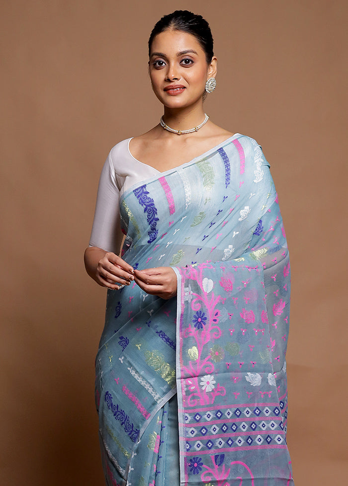 Blue Tant Jamdani Saree Without Blouse Piece