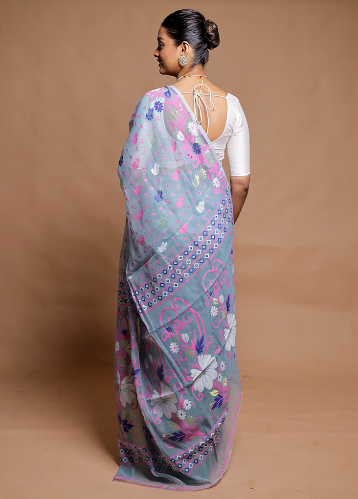 Blue Tant Jamdani Saree Without Blouse Piece