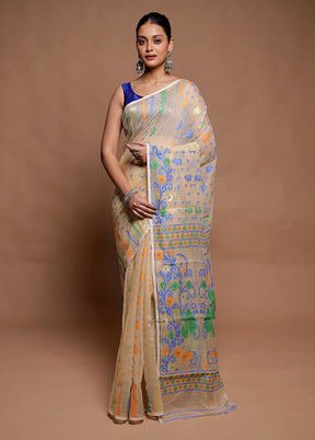 Cream Tant Jamdani Saree Without Blouse Piece