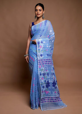 Blue Tant Jamdani Saree Without Blouse Piece