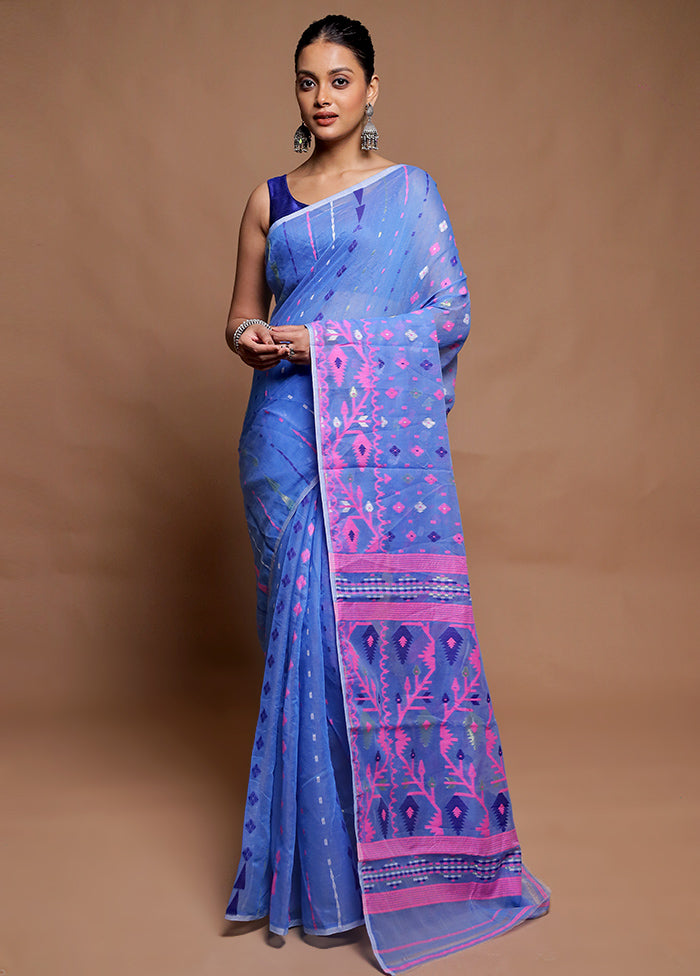 Blue Tant Jamdani Saree Without Blouse Piece