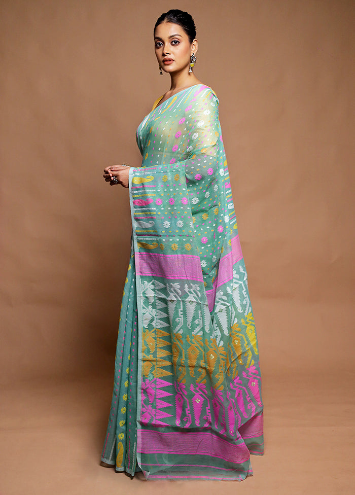Green Tant Jamdani Saree Without Blouse Piece