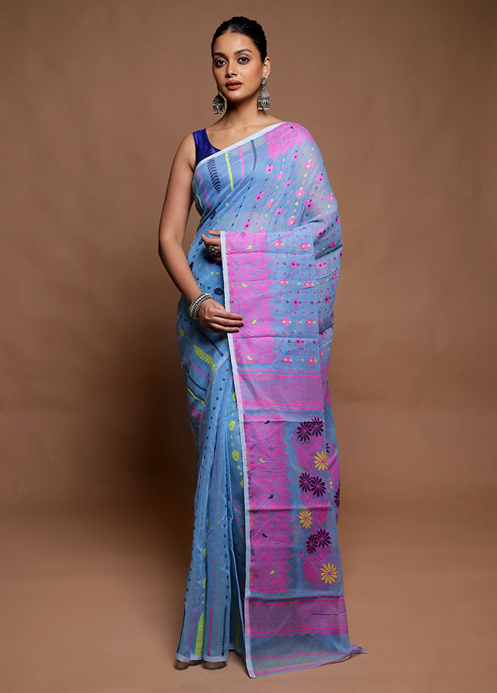 Blue Tant Jamdani Saree Without Blouse Piece