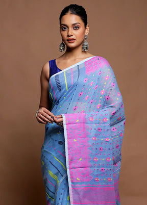 Blue Tant Jamdani Saree Without Blouse Piece