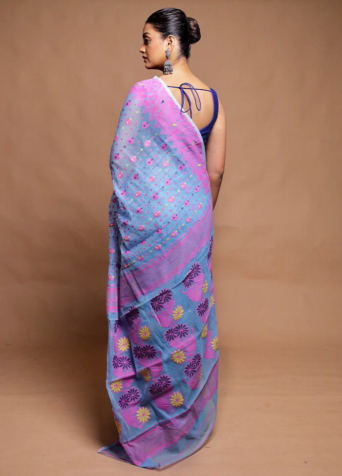 Blue Tant Jamdani Saree Without Blouse Piece