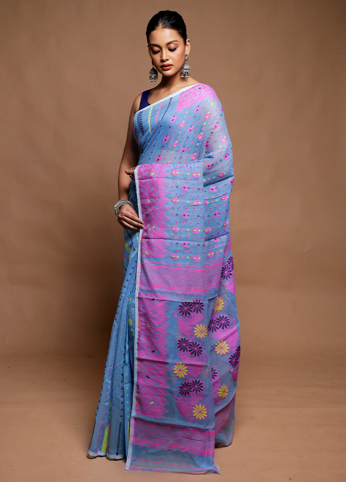 Blue Tant Jamdani Saree Without Blouse Piece