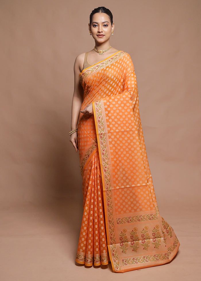 Orange Cotton Saree With Blouse Piece