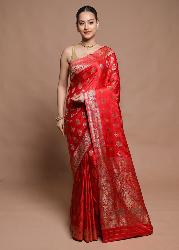 Red Dupion Silk Saree With Blouse Piece