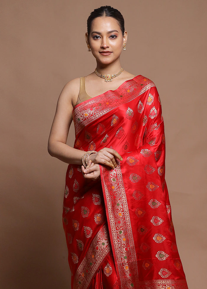 Red Dupion Silk Saree With Blouse Piece