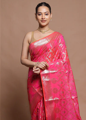 Pink Kora Silk Saree With Blouse Piece