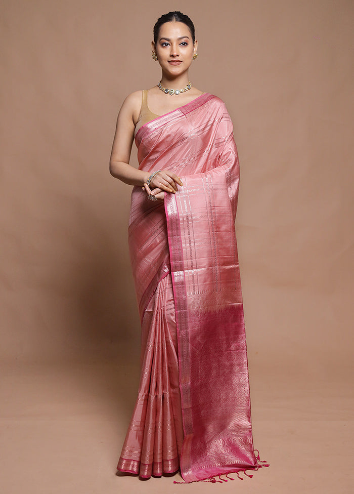 Pink Handloom Kanchipuram Pure Silk Saree With Blouse Piece