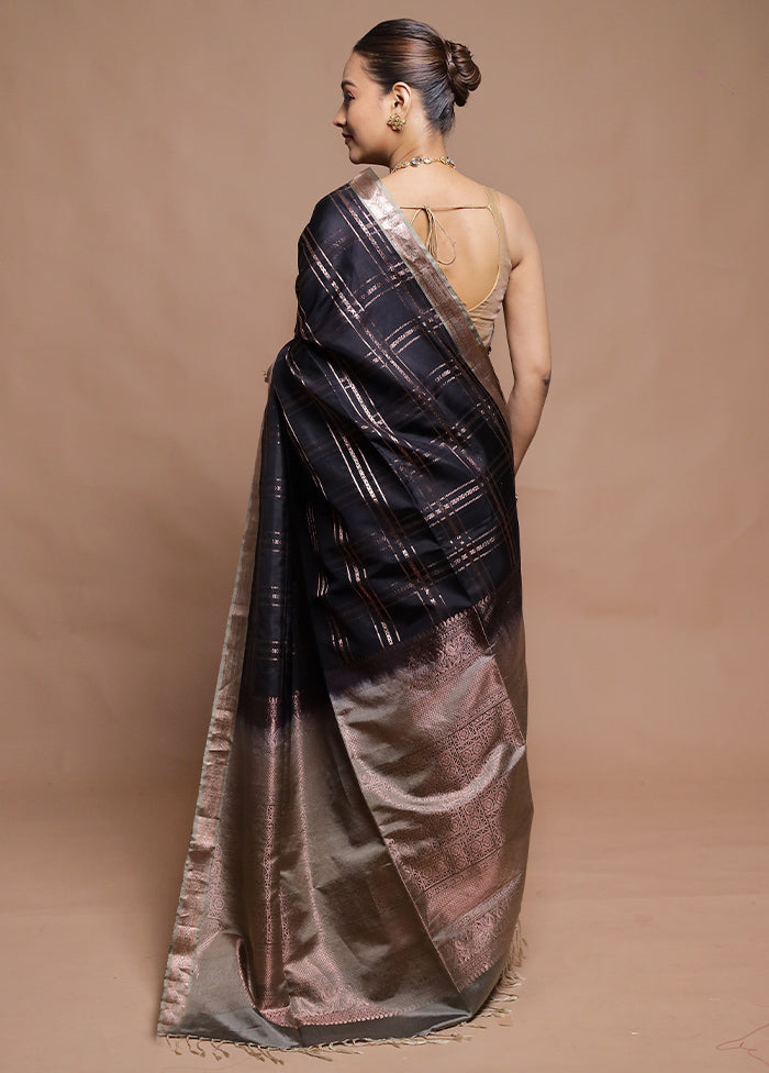 Black Handloom Kanchipuram Pure Silk Saree With Blouse Piece