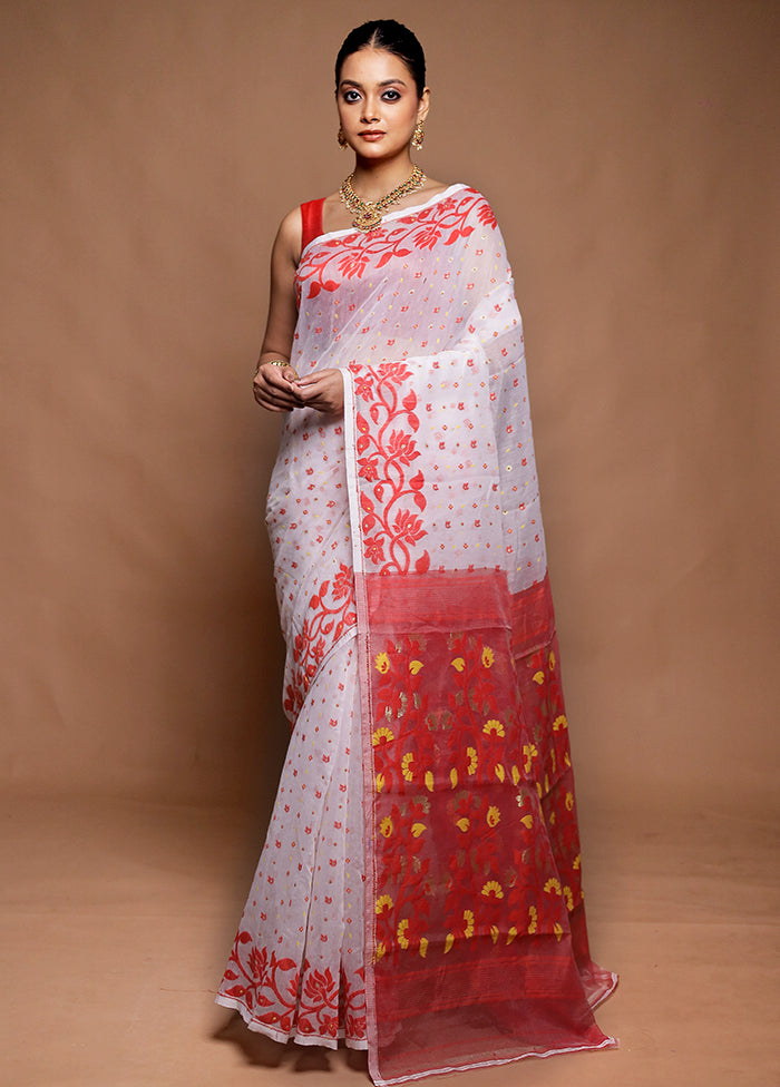 White Tant Jamdani Saree Without Blouse Piece