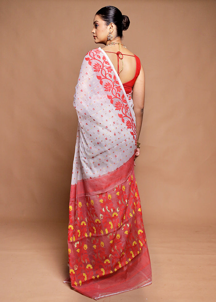 White Tant Jamdani Saree Without Blouse Piece